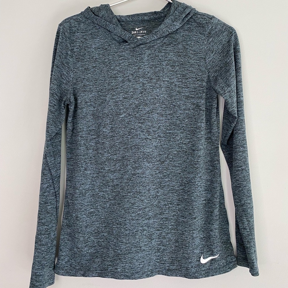 Nike dri-fit thin hooded long sleeve shirt heather gray/blue shirt